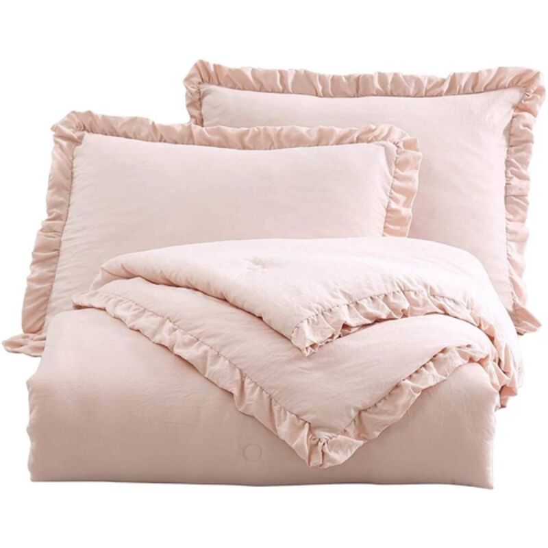 Hivvago Full Size Pink Stone Washed Ruffled Edge Microfiber Comforter Set
