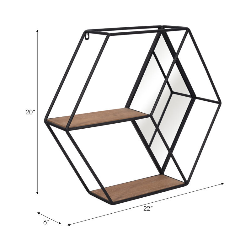 Metal/wood 20" Hexagon Mirrored Wall Shelf
