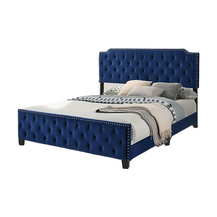 Agapi California King Bed, Button Tufted, Nailhead Trim, Navy Upholstery - Benzara