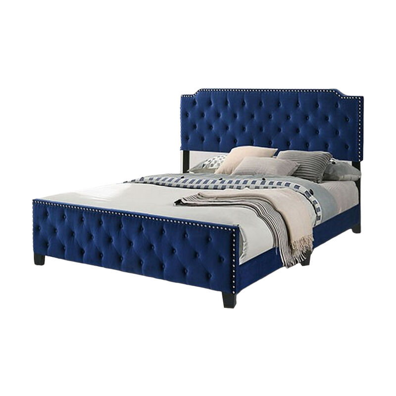 Agapi California King Bed, Button Tufted, Nailhead Trim, Navy Upholstery - Benzara