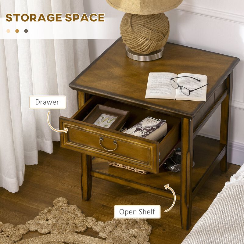 Dark Coffee Side Table: Retro End Table with Drawer & Open Shelf