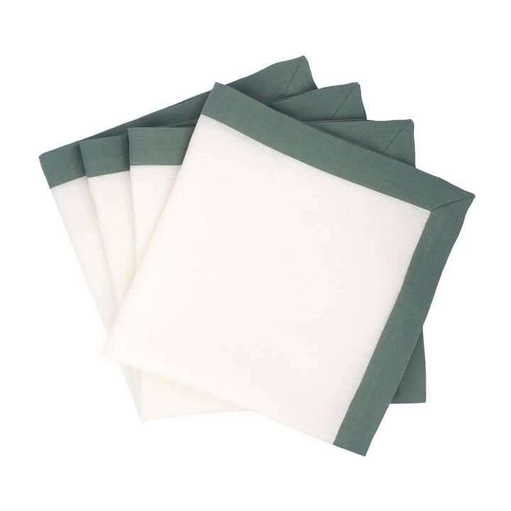 Linen Napkins With Green Borders, Set of 4