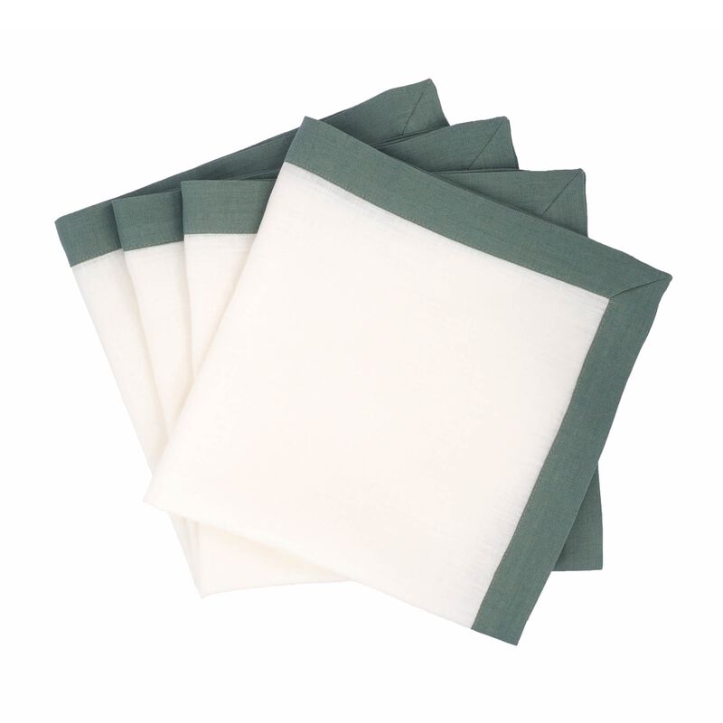 Linen Napkins With Green Borders, Set of 4