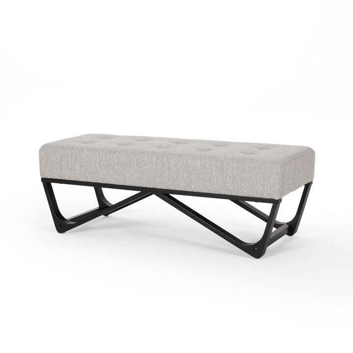 Liba Ottoman Bench, Button Tufted Beige Fabric, Black Frame, 47 Inch -Benzara