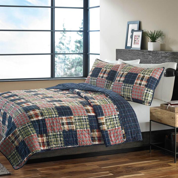 Hivvago King size Farmhouse Red Navy Plaid 100 Percent Cotton Reversible Quilt Set