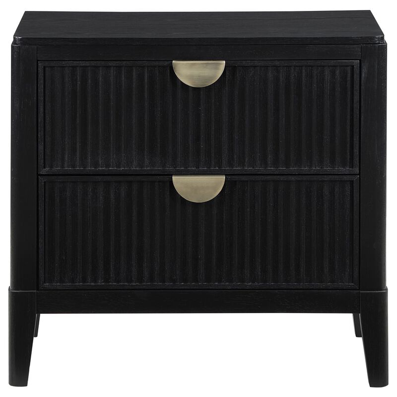 Jack Nightstand, 2 Drawers, Gold Metal Handles, Wire Brushed Black Wood - Benzara