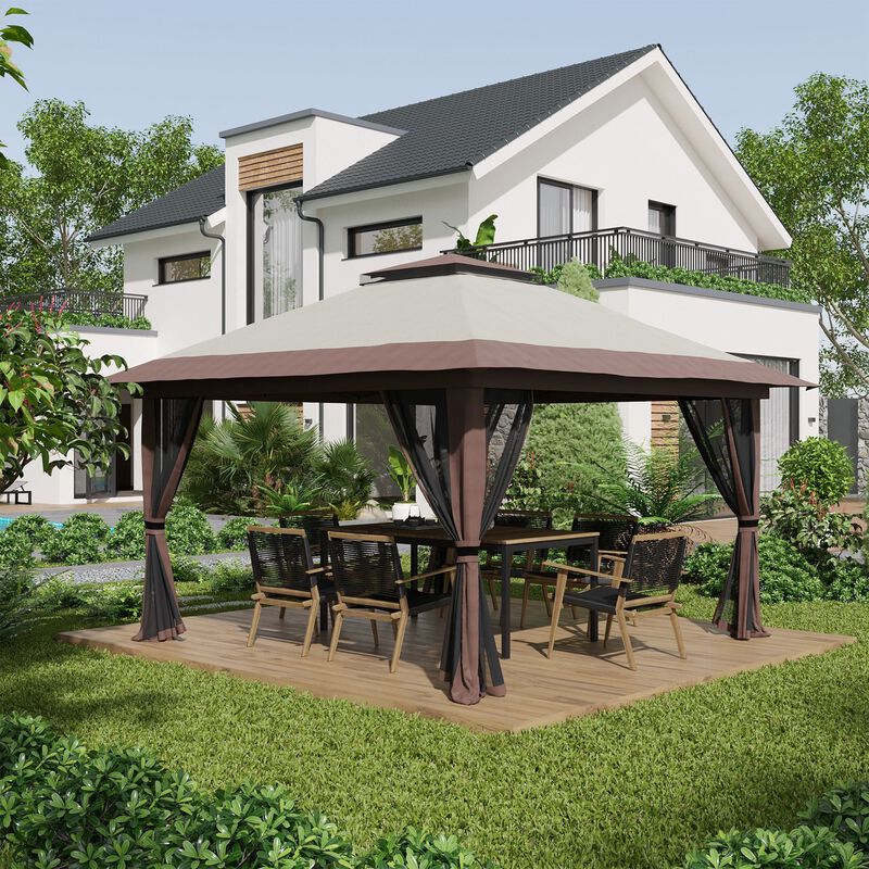Beige Outdoor Shelter: 13x13ft Netted Pop Up Gazebo Canopy Tent