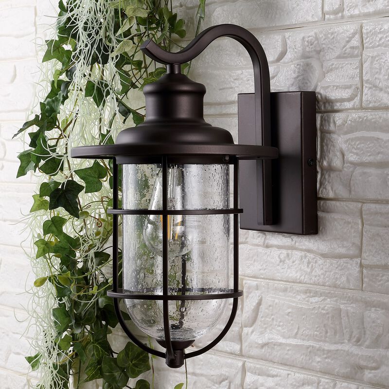 Westfield 1-Light Iron/Seeded Glass Rustic Industrial Cage LED Outdoor Sconce