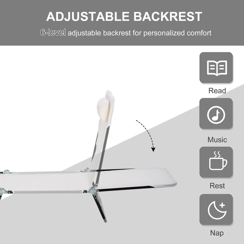 Cream White Lounger: Folding 5-Level Adjustable Chaise with Headrest