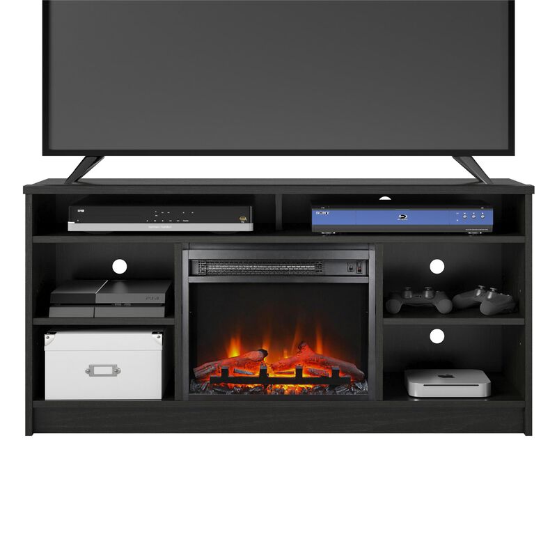 REALROOMS Hickory Hill 55" TV Stand with Electric Fireplace Space Heater and 6 Shelves