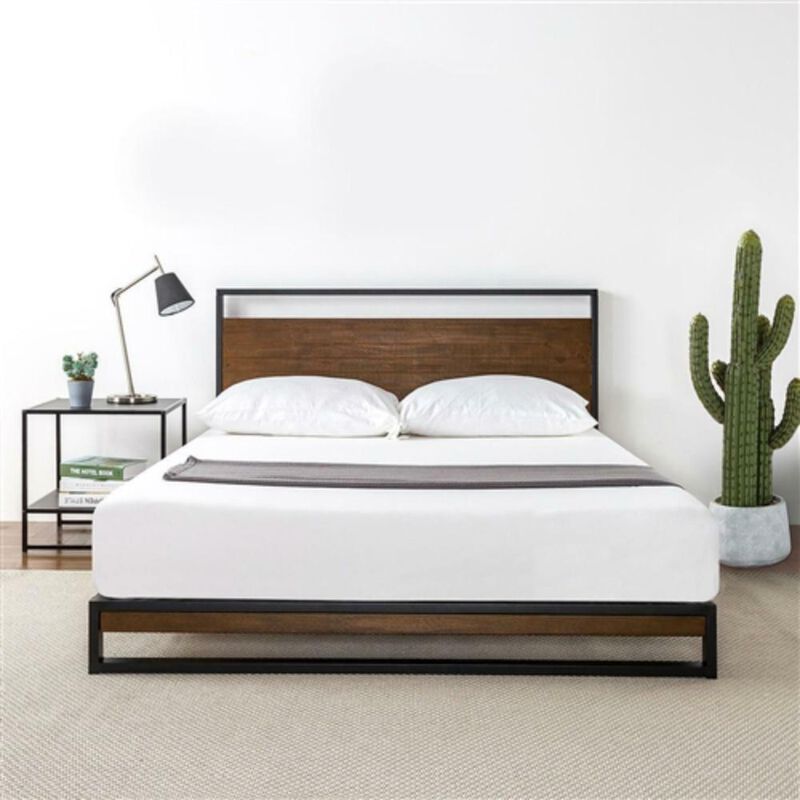 Hivvago King size Metal Wood Platform Bed Frame with Headboard