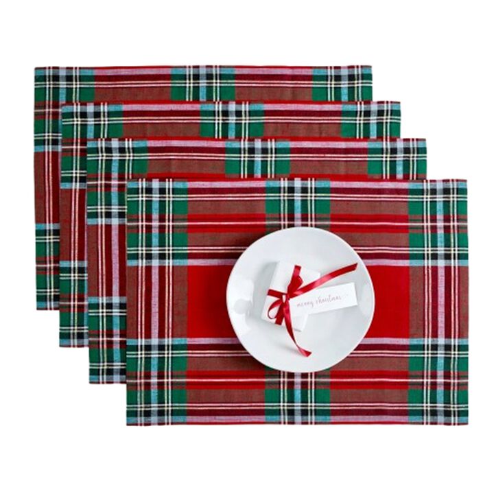 Solino Home 100% Pure Linen Placemats 14 x 19 Inch Set of 4 |Madras Holiday Plaid