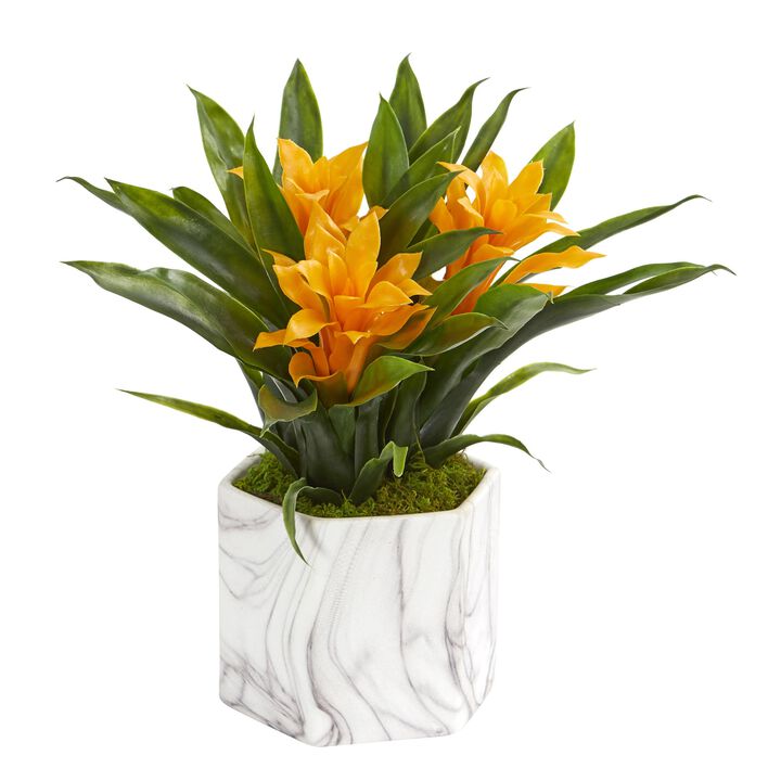 Hivvago Bromeliad Artificial Plant in Marble Finished Vase - Yellow