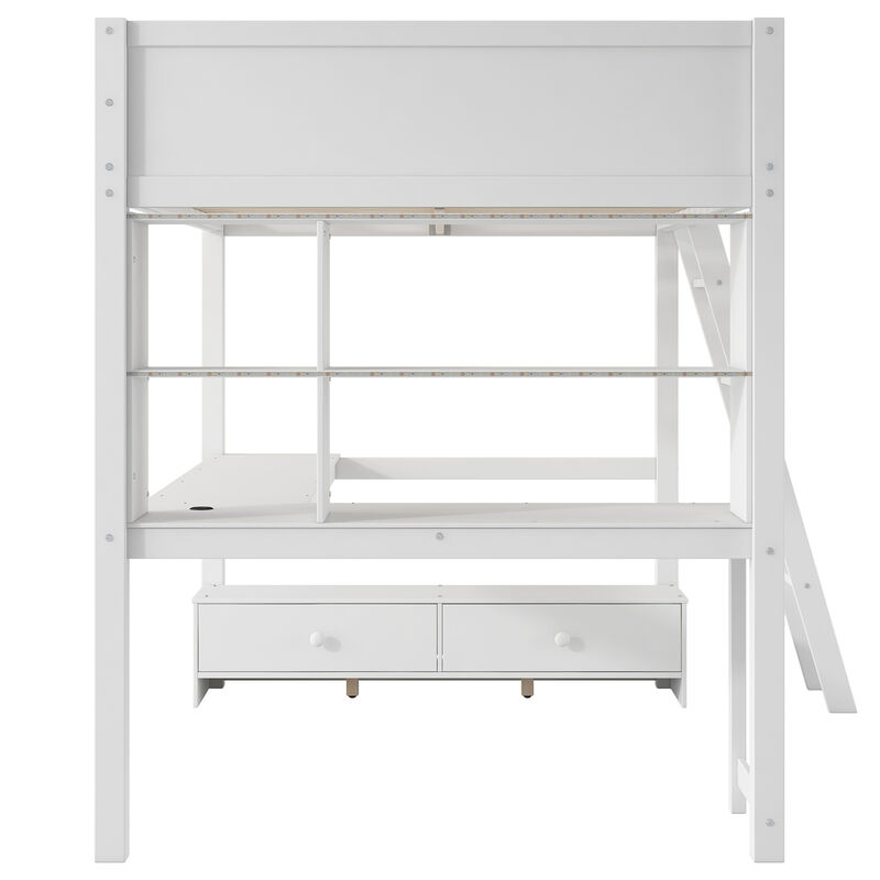 Merax Loft Bed with Desk, LED light and USB Charging Station