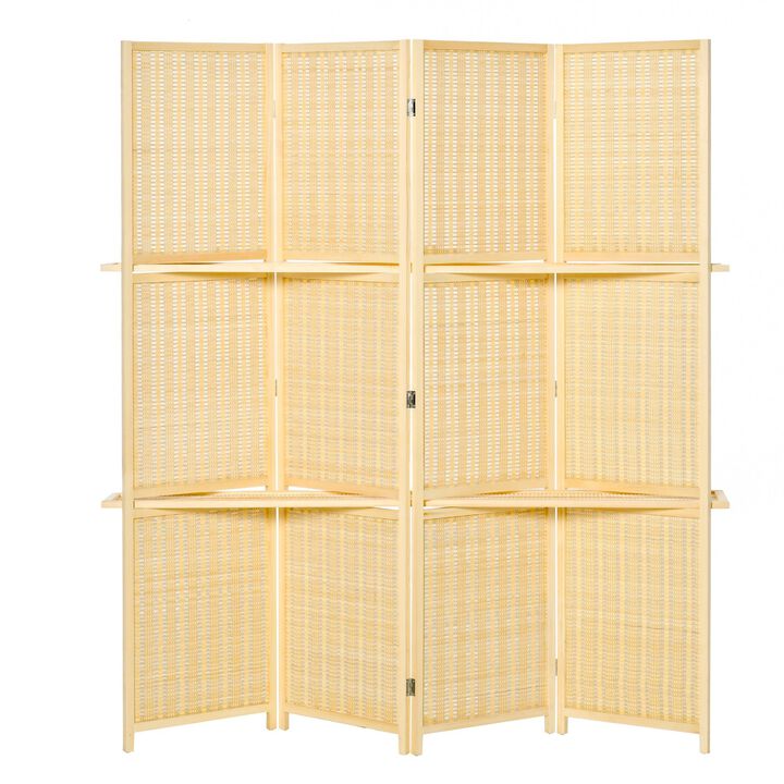 Natural Wood Divider: 4-Panel Bamboo Room Screen with Display Shelves