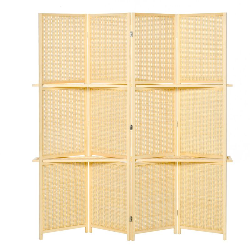 Natural Wood Divider: 4-Panel Bamboo Room Screen with Display Shelves