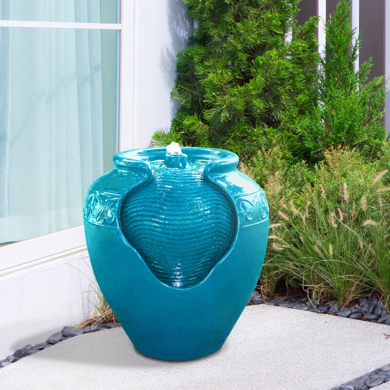 Teamson Home Outdoor Glazed Pot Floor Fountain with LED Lights, Teal