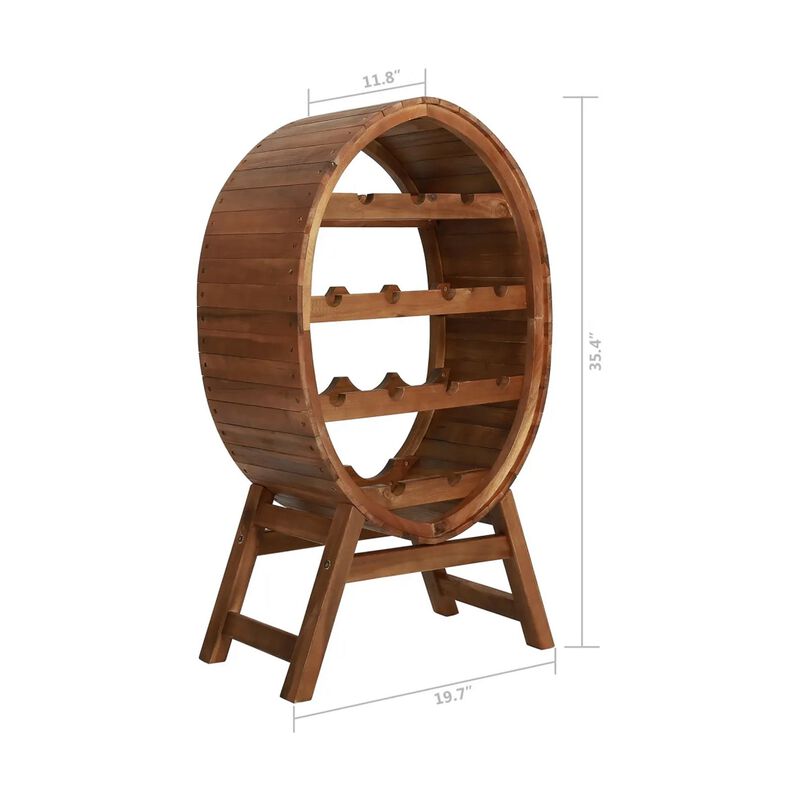Oval Wine Rack, 13 Bottles, 35 Inch Tall Brown Solid Acacia Wood Frame - Benzara