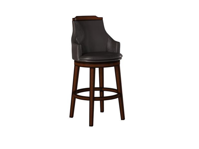 Wood & Leather Bar Height Chair with Swivel Mechanism, Oak Brown & Black, Set of 2 - Benzara