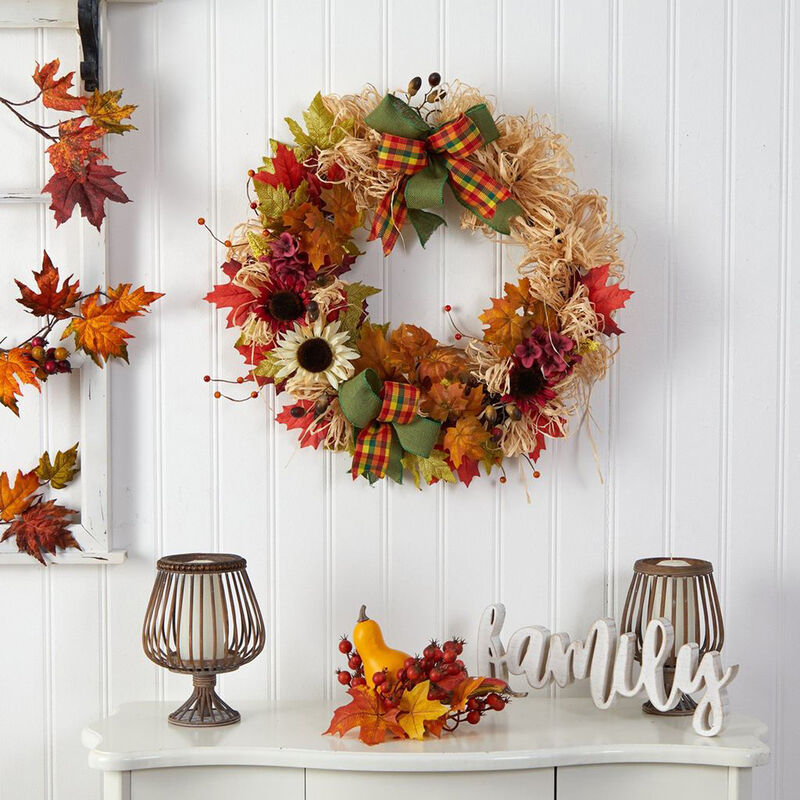 Nearly Natural 30-in Harvest Autumn Sunflower, Maple Leaves and Berries Artificial Fall Wreath with Decorative Bows