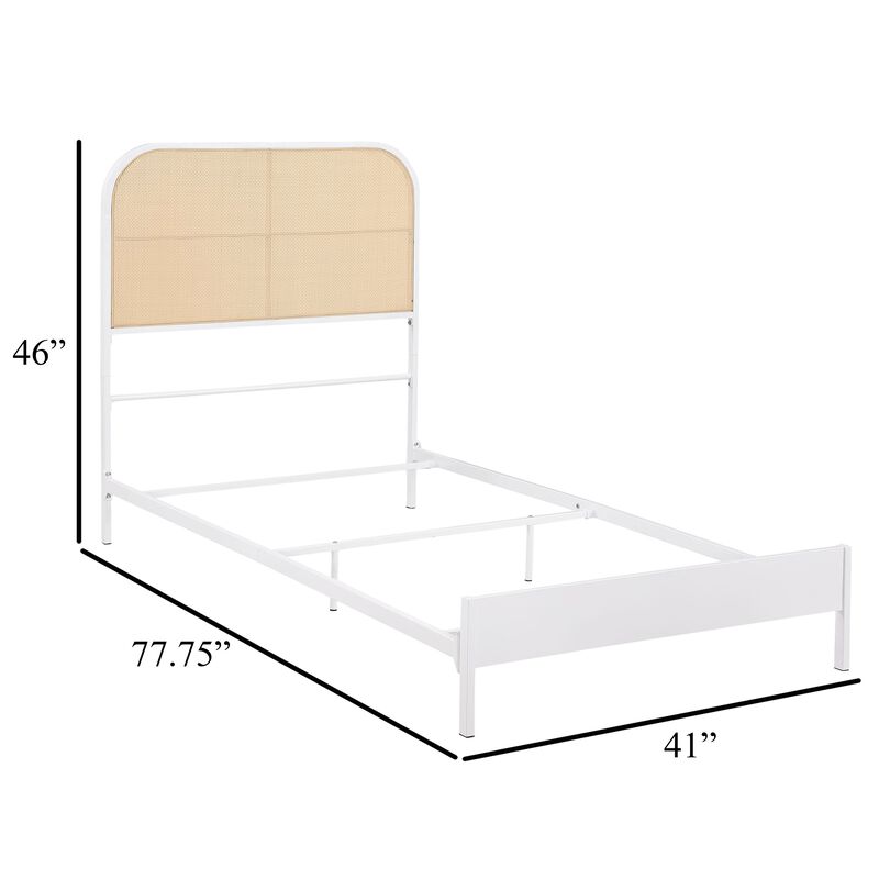 Ammy Twin Bed, Radio Weave Headboard, Brown Faux Rattan, White Metal  - Benzara