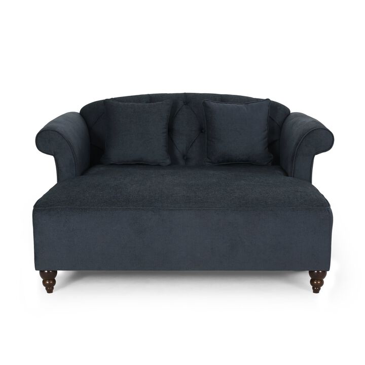 Loveseat Chaise Lounger, 2 Pillows, 63 Inch Wood Frame, Charcoal Gray