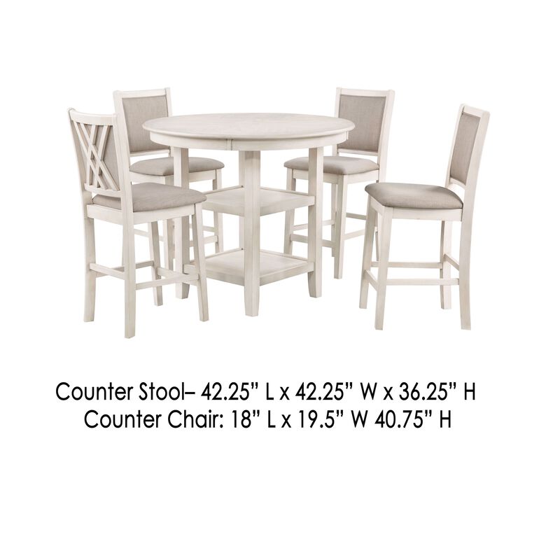 Aine 5 Piece Round Counter Dining Table, Chair Set, White Wood, Fabric Seat - Benzara