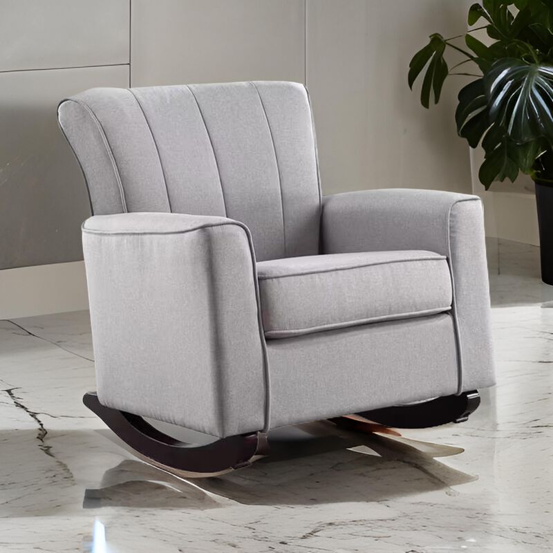 34 Inch Rocking Chair, Wood Frame, Vertical Channel Tufted Gray Linen - Benzara