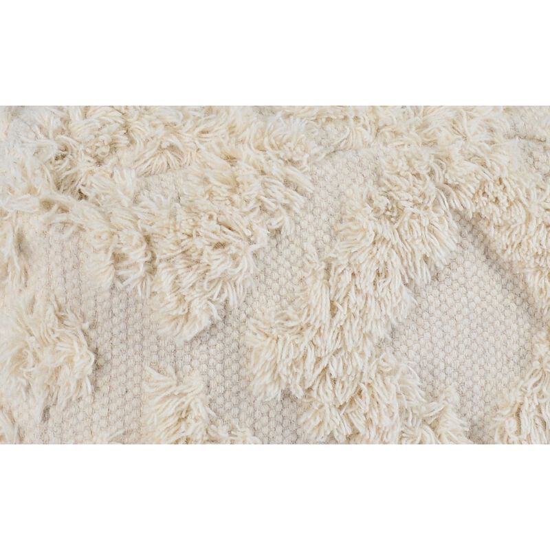 24 Inch Cotton Accent Pouf, Handwoven Textured Geometric Shag, Off White-Benzara
