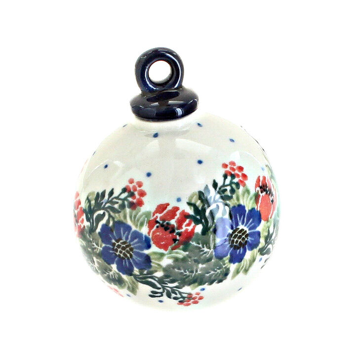 Blue Rose Polish Pottery Holiday Flower Small Round Christmas Ornament