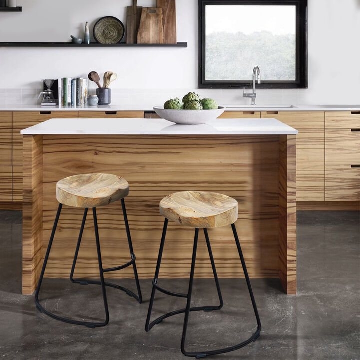 Wooden Saddle Seat Barstool with Metal Legs, Large, Brown and Black