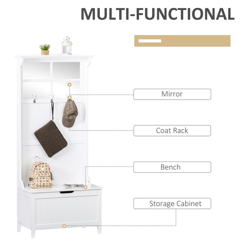 White Entryway Solution: 4-in-1 Coat Rack Shoe Bench with Mirror