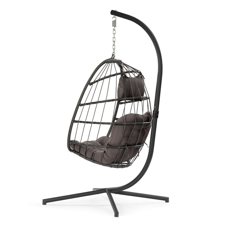 Outdoor Patio Wicker Hanging Chair Swing Chair Patio Egg Chair UV Resistant Dark Cushion