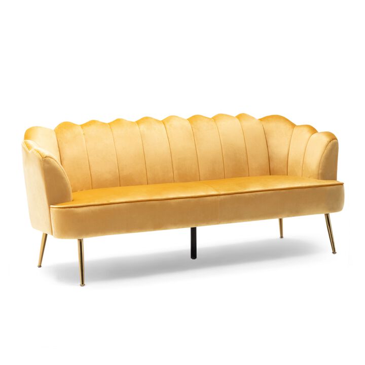 Nika Sofa, Modern Channel Stitched, 76 Inch, Solid Wood, Yellow Velvet - Benzara