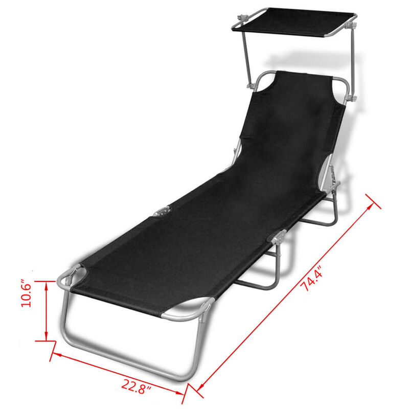 Outdoor Foldable Sun Chaise Lounger with Canopy, 74 Inch Steel, Black - Benzara