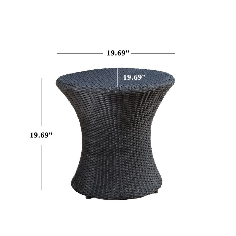 Loco Outdoor Side Table, Hourglass Shape, Round 20 Inch, Black Rattan - Benzara