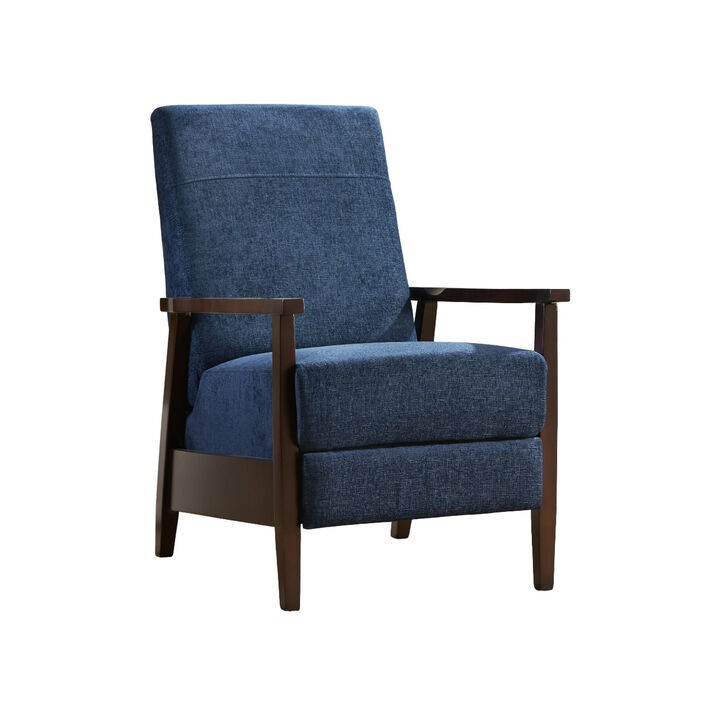 Yahya Manual Recliner Chair, Ergonomic Brown Rubberwood, Navy Blue Fabric - Benzara