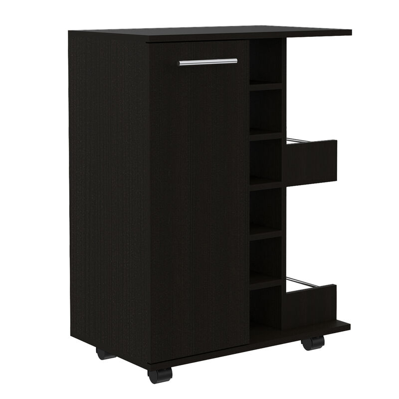 DEPOT E-SHOP Magda Bar Cart, Four Casters, Six Built-in Wine Rack, Single Door Cabinet, Two External Shelves, Black