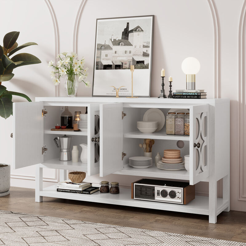 TREXM Elegant Retro Console Table/Storage Cabinet/Sideboard with Mirrored Doors, Spacious Shelves, and Durable Acacia Wood Legs - Perfect for Living Room, Dining Room, or Entryway (Antique White)
