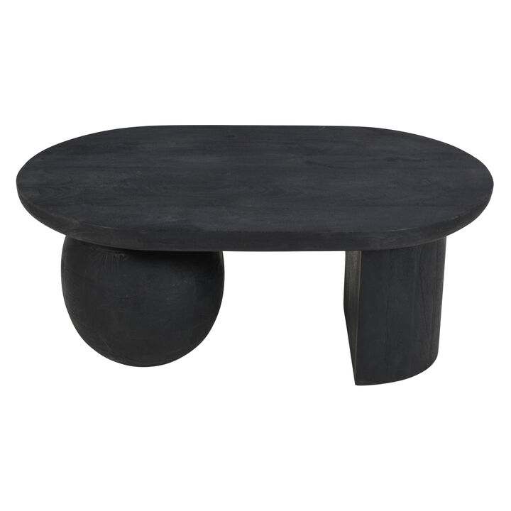 Uri 38 Inch Oval Coffee Table, Mango Wood Full and Half Spherical Leg, Sandblasted Black