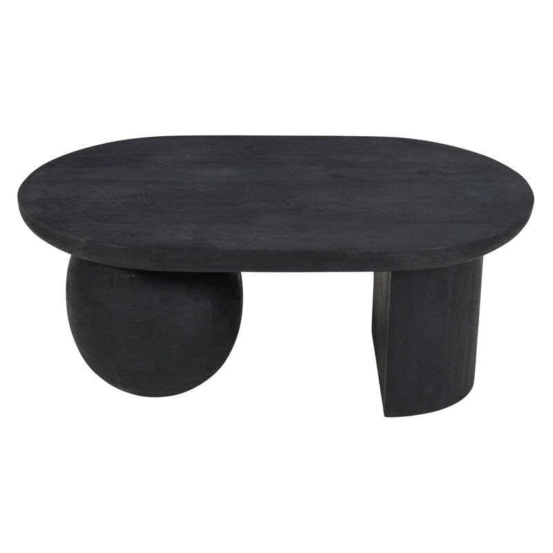 Uri 38 Inch Oval Coffee Table, Mango Wood Full and Half Spherical Leg, Sandblasted Black