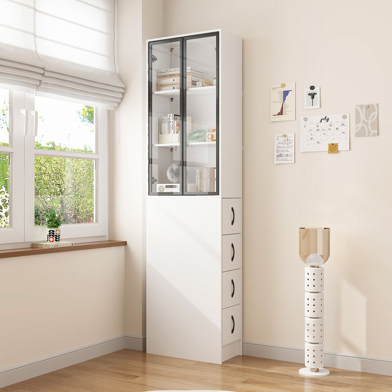 FUFU&GAGA Slim Bookshelf with Glass Doors & LED Lights, Modern Narrow Bookcase with Adjustable Storage for Living Room, Study & Home Office (24.3" W x 86.6" H x 11.8" D),White