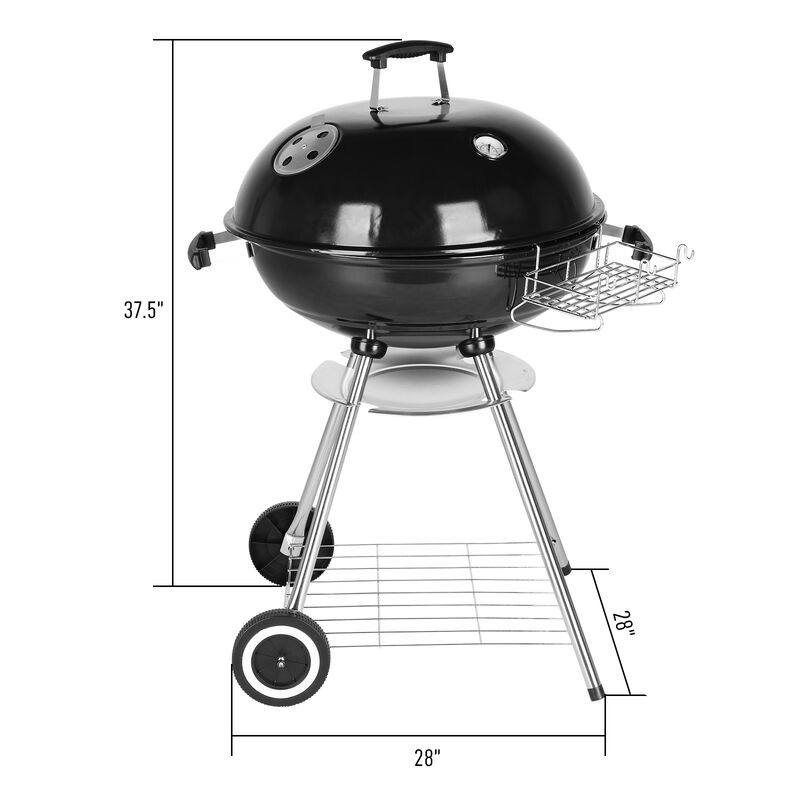 Round Charcoal BBQ Grill with Wheels, Ash Catcher, Storage Holder, and Thermometer for Outdoor