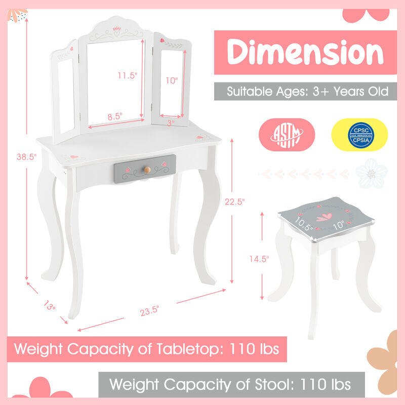 Kids Vanity Set with Tri-Folding Mirror – Girls' Makeup Table with Storage and Chair