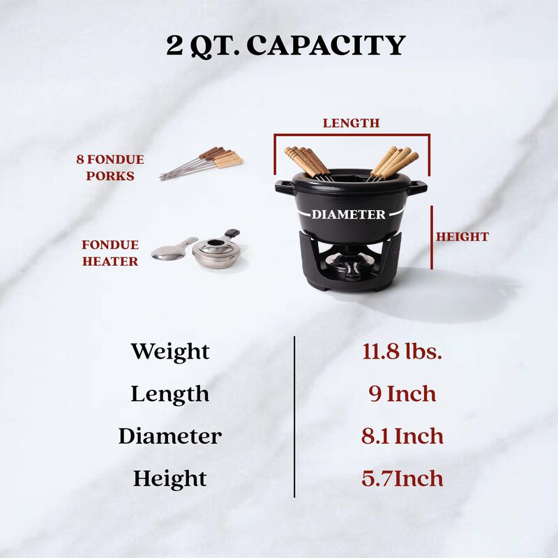 Alva Nori - Cast Iron Fondue Set - Melting Pot,Enameled Cast Iron Cookware Set,Fondue Pot with 8 Forks,Food Warmers for Parties,Cheese Melts,Hot Chocolate Maker,Non Toxic Cookware Set - 2 Qt 8"