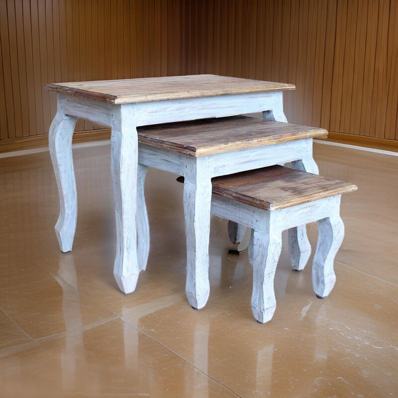 3pc Nesting End Table Set, Light Blue Turned Legs Brown Reclaimed Wood - Benzara