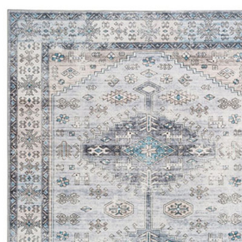 Nyx 10 x 8 Large Soft Fabric Floor Area Rug, Vintage Blue Border Design - Benzara