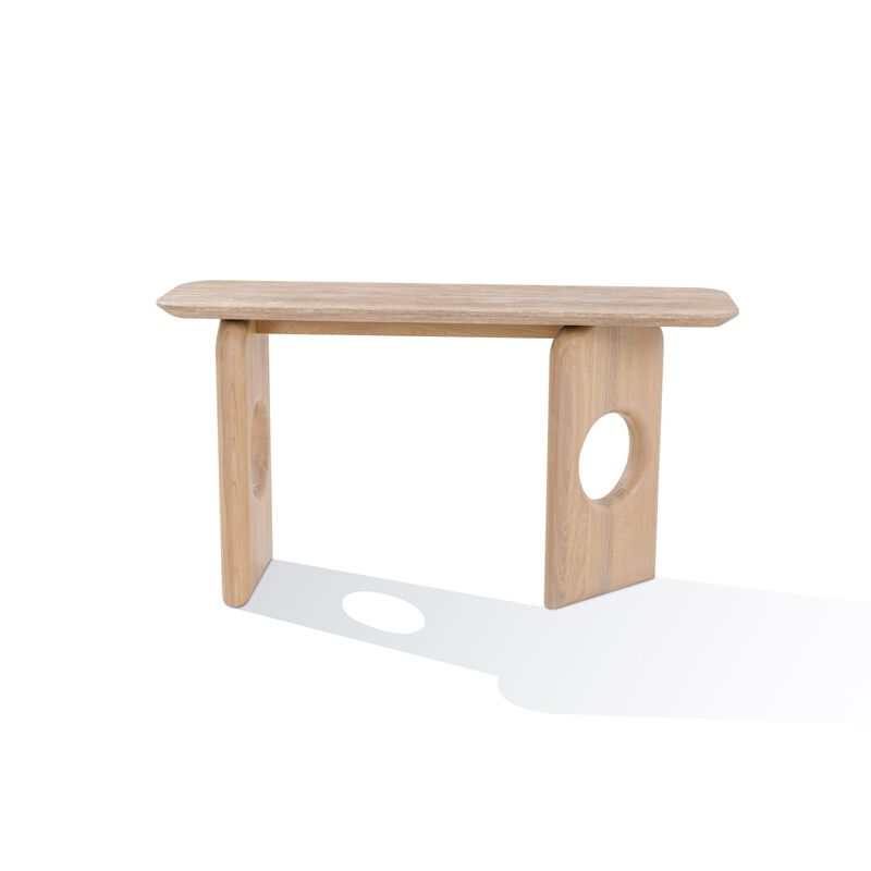 Aky 55 Inch Console Table, Faux Marble Top, Open Panel Frame, Natural Brown - Benzara