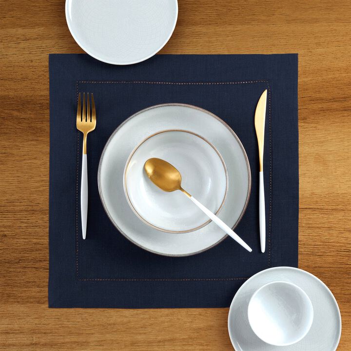 Solino Home 100% Pure Linen Square Placemats 14 x 14 Inch Set of 4 | Classic Hemstitch