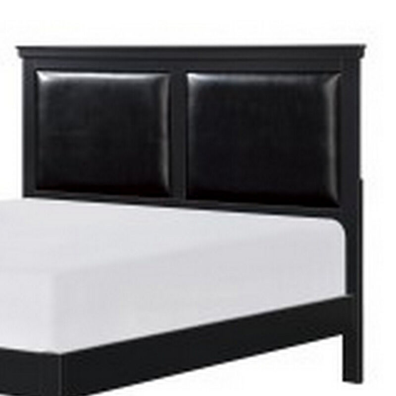 Brite Queen Size Bed, Black Faux Leather Upholstered Headboard, Low Profile - Benzara